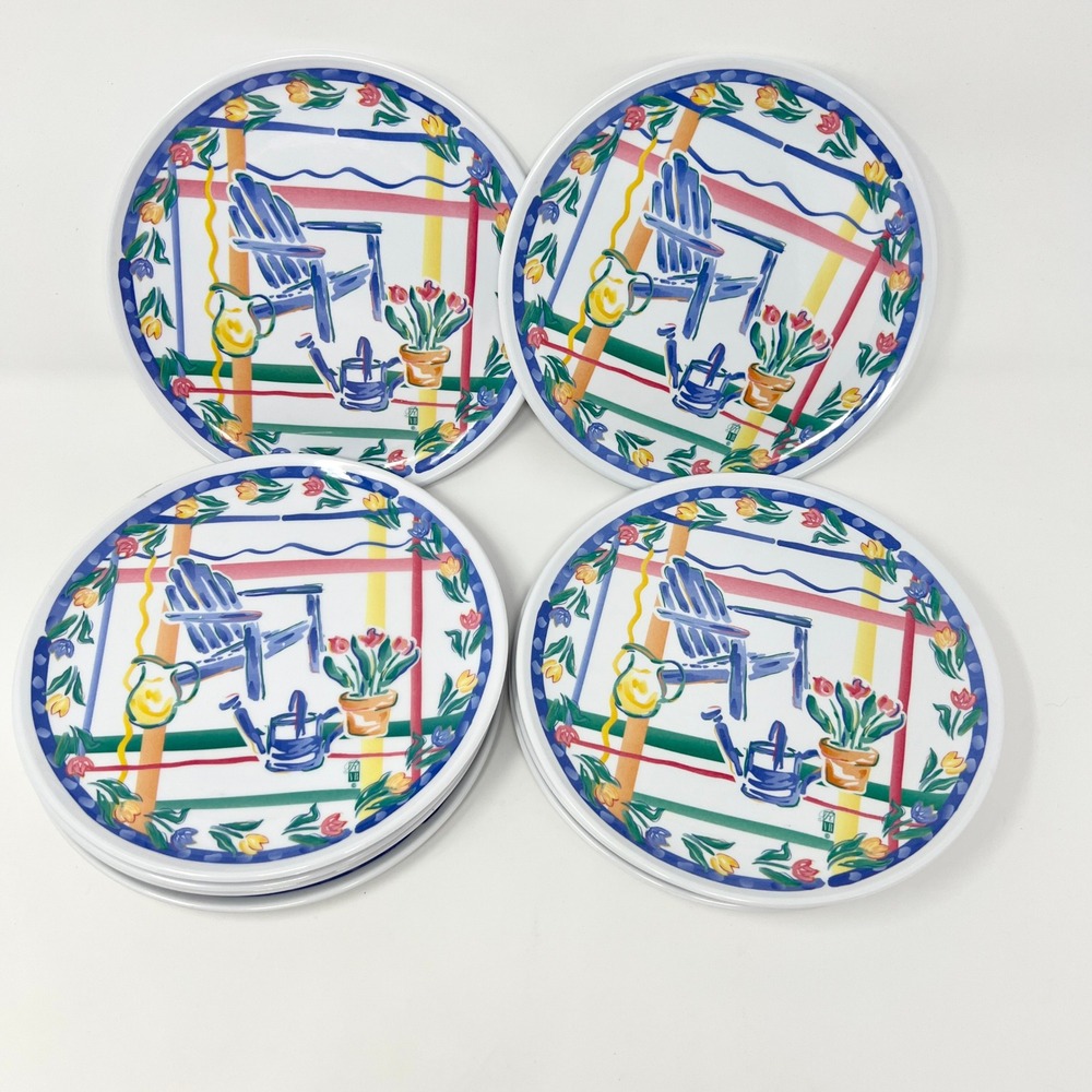 Set of 12 Melamine Garden Scene Salad Plates Adirondack Chair‎ Tulips 8 Inch